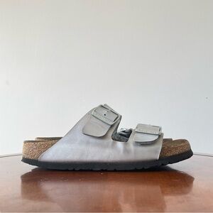 Birkenstock Arizona Silver Birko-Flor Soft Footbed Slide Sandals | EU 39